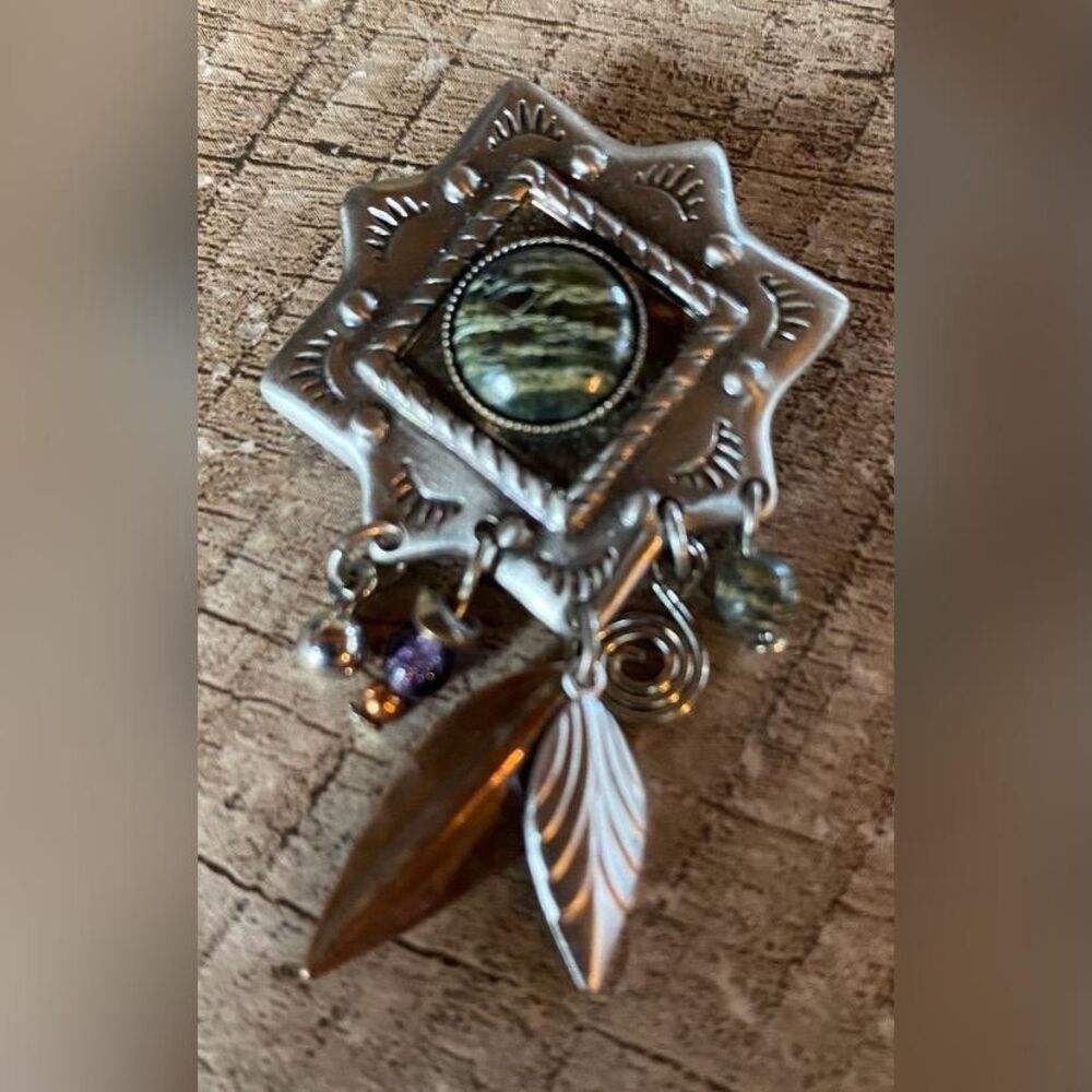 Silver Tone Green Stone Brooch Pin Leaf Dangle Charms Nature Boho Jewelry 2"